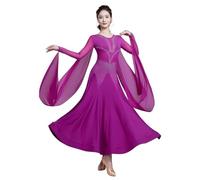 Tytyozay Robes De Danse Standard pour Femmes, Costumes Compétition Col Ras du Cou Et Manches Longues avec Rubans Strass Grande Jupe Trapèze pour Soirée De Salon Moderne Tango Salsa Rumba,Violet,M
