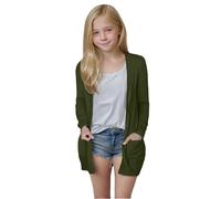 TYUSGH Cardigan ouvert sur le devant pour filles - Manches longues - Léger - Uni - Vêtement d'extérieur décontracté avec poches, Vert noirâtre-1, 13-14 ans