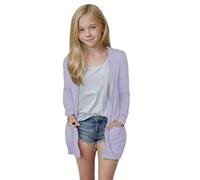 TYUSGH Cardigan ouvert sur le devant pour filles - Manches longues - Léger - Uni - Vêtement d'extérieur décontracté avec poches, Violet-3, 5-6 ans