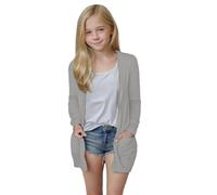 TYUSGH Cardigan ouvert sur le devant pour filles - Manches longues - Léger - Uni - Vêtement d'extérieur décontracté avec poches, Gris-3., 13-14 ans