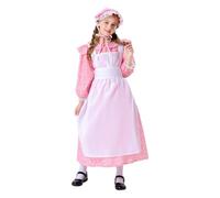 TYUSGH Costume de soubrette pour filles - Robe de soubrette à manches longues avec tablier et bonnet - Imprimé floral - Pour fête de costumade (rose, 9 à 10 ans)