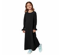 TYUSGH Robe de prière musulmane Abaya pour filles - Robe de communion - Robe de l'Aïd - Robe unie à manches longues - Col rond - Caftan