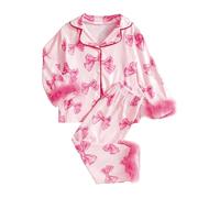 TYUSGH Tenues pour enfants filles avec nœud imprimé nœud à manches longues chemises à revers hauts pantalons longs pyjama plumes vêtements de printemps ensemble de vêtements de printemps rose vif