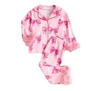 TYUSGH Tenues pour enfants filles avec nœud imprimé nœud à manches longues chemises à revers hauts pantalons longs pyjama plumes ensemble de vêtements de printemps rose