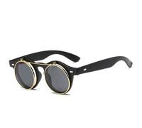 Lunettes de Soleil Rondes Steampunk Flip Up Hommes Femmes Vintage Double Couche Lentille Lunettes de Soleil Classiques UV400, MattBlack BlackGrey, Taille Unique