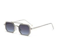 TYUVIVO Rétro Double Ponts Hommes Polygone Petites Lunettes de Soleil Carrées Mode Clair Océan Dégradé Verres Lunettes Femmes Monture en Métal, Argent Gris Bleu, Taille Unique