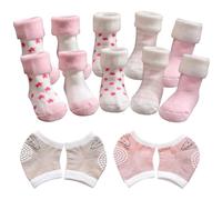 TYXHXTF 5 Paires Chaussettes Bébé, 2 Paires Genouillère Antidérapant, Chaussettes à Rebords Tournants Rose, Respirant Chaussettes Enfants pour Garçons Filles 1-3 Ans