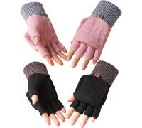 TYXHXTF Lot de 2 Paires de Gants d'hiver, Mitaines Convertibles Rabat Tricot Gants Sans Doigts pour Homme Femme, Gants Demi-Doigt pour Cyclisme Randonnée Escalade Travail Loisir, Noir, Rose