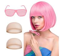 TYXHXTF Perruque Rose et Lunettes de Soleil de Fête, Neon Short Bob Perruque avec Bonnets de Perruque pour Le Carnaval Bachelorette Neon Party Favors