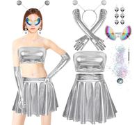 TZEKING 7 Pièces Alien Costume Accessories Set,Ensemble de costume d'Alien,Costume d'Alien Accessoires,Top+Jupe plissée+Bandeau d'aliens+Lunettes d'aliens+Boucles d'oreilles d'aliens+Gants métallisés