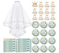TZEKING Badges Team de la mariée,37 Pièces Kit de Accessoire de Mariage,1Badge de Mariée Bride+11 Badge d’ami Team Bride,1pcs Voile de Mariage Blanc avec Peigne,12 Bracelets Team Bride Autocollants