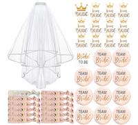 TZEKING Badges Team de la mariée,37 Pièces Kit de Accessoire de Mariage,1Badge de Mariée Bride+11 Badge d’ami Team Bride,1pcs Voile de Mariage Blanc avec Peigne,12 Bracelets Team Bride Autocollants