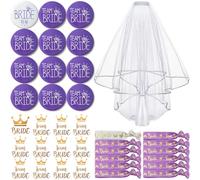 TZEKING Badges Team de la mariée,37 Pièces Kit de Accessoire de Mariage,1Badge de Mariée Bride+11 Badge d’ami Team Bride,1pcs Voile de Mariage Blanc avec Peigne,12 Bracelets Team Bride Autocollants