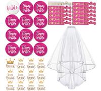 TZEKING Badges Team de la mariée,37 Pièces Kit de Accessoire de Mariage,1Badge de Mariée Bride+11 Badge d’ami Team Bride,1pcs Voile de Mariage Blanc avec Peigne,12 Bracelets Team Bride Autocollants