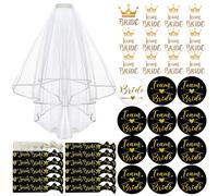 TZEKING Badges Team de la mariée,37 Pièces Kit de Accessoire de Mariage,1Badge de Mariée Bride+11 Badge d’ami Team Bride,1pcs Voile de Mariage Blanc avec Peigne,12 Bracelets Team Bride Autocollants