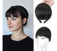 Tzf-Bandeau Avec Frange,Front Hair Bangs Wigs Headband,Bandeau Tressé Synthétique Perruque Extensions De Cheveux Coiffure,Noir Naturel