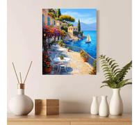 TZKBDMA Tableau d'art (60x90cm/sans cadre) représentant un café avec vue sur la mer, un voilier, un jardin fleuri et une villa sur la côte méditerranéenne.