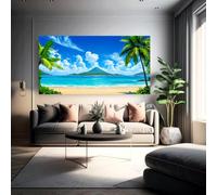 TZKBDMA Tableau de paysage naturel avec plage tropicale, palmiers, vue sur l'océan, montagnes et eau bleue pour le salon (80x160cm/sans cadre)