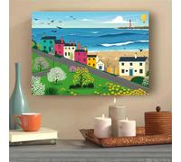 TZKBDMA Tableau mural représentant un village côtier, des maisons colorées, un phare et un paysage printanier en montgolfière, idéal pour le salon (30 x 54 cm/sans cadre)