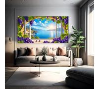 TZKBDMA Vue par la fenêtre sur un paysage côtier avec vigne, coucher de soleil sur la mer et l'océan, villa, nature, impression d'art, tableau pour salon (55x110cm/sans cadre)