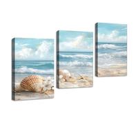 TZKRWRH 3 pièces Impression sur Toile Plage Plage des Coquillages et des Fleurs Tableaux Image sur Toile Nordique Tableau Decoration Murale Salon Chambre Salle de bain(Blanc 53)-30x45cmx3 Encadrée