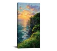 TZKRWRH Impression sur Toile Motif Plages Aquarelle Paysage marin au coucher de soleil Tableau sur Toile Impression pour Salle de Séjour Moderne non Tissée - Salon Murale(Green 46)-20x40cm Encadrée