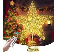 TZPAUG Décoration de sapin de Noël - En forme d'étoile - Doré - 20 x 25 cm - 20 LED - Fonction minuterie - Télécommande - Hiver - Noël - Pointe de sapin de Noël