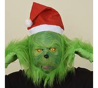 TZPAUG Masque de Noël - Monstre Cheveux Verts, Grinch avec Bonnet de Père Noël et Gants, Masque Complet en Latex pour Adultes, Accessoires de Costume Effrayant