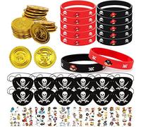 TZQFROCE 58 Pièces Anniversaire Pirate Accessoire Decoration Pirate Bracelets Cache Oeil Pirate Pièces d'or Tatouage Ensemble Pirate Enfant Decoration pour Fêtes de Pirates Cadeaux