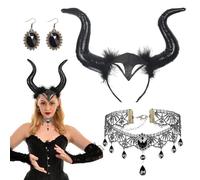 TZQFROCE Reine Cornes Halloween Cornes de diable avec dentelle gothique Collier Boucles d'oreilles Noir Costume d'Halloween Femme Costume Maléfique Accessoires pour Halloween Carnaval Mascarade