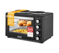 TZS First Austria Mini Four Electrique 30L, 3200W, Four Posable à Convection avec Minuteur 0-60 min, Grille et Plaque de Four avec plaques de cuisson, Double Vitrage, Rôtissoire, 100-230°C, Noir