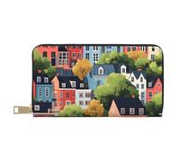 TZTTZT Cartoon Town Print Wallet Women Leather Bifold Multi Card Wallet, Long Purse Women Wallets