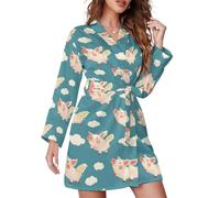 TZTTZT Chemise de nuit courte pour femme, kimono, imprimé ailes de cochon, vêtements de nuit à manches longues pour femme, manteau de maison, Style, S