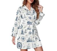 TZTTZT Chemise de nuit courte pour femme, kimono, imprimé ancre de navigation, vêtements de nuit à manches longues pour femme, manteau de maison, Style, XL