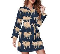 TZTTZT Chemise de nuit courte pour femme, kimono, imprimé cochon bleu marine, vêtements de nuit à manches longues pour femme, manteau de maison, Style-1, M