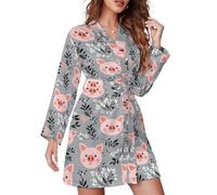 TZTTZT Chemise de nuit courte pour femme, kimono, imprimé cochon rose, vêtements de nuit à manches longues pour femme, manteau de maison, Style-37, L