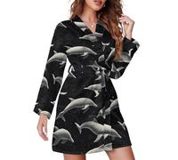 TZTTZT Chemise de nuit courte pour femme, kimono, imprimé dauphins noirs, vêtements de nuit à manches longues pour femme, manteau de maison, Style-37, L