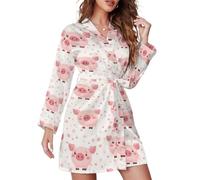 TZTTZT Chemise de nuit courte pour femme, kimono, imprimé dessin animé rose cochon, vêtements de nuit à manches longues pour femme, manteau de maison, Style-30, S