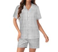 TZTTZT Ensemble de pyjama en satin de soie pour femme - Gris imprimé grille dessinée à la main, ensemble deux pièces short de pyjama boutonné, Style-27, M