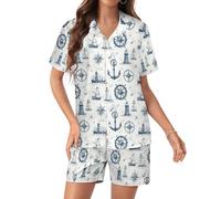 TZTTZT Ensemble de pyjama en satin de soie pour femme - Imprimé ancre de navigation - Ensemble deux pièces - Short de pyjama boutonné, Style :, XXL
