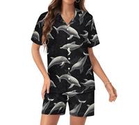 TZTTZT Ensemble de pyjama en soie satinée pour femme, ensemble deux pièces avec imprimé dauphins noirs, short à boutons, Style-37, XXL