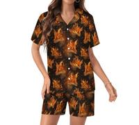TZTTZT Ensemble de pyjama en soie satinée pour femme, ensemble deux pièces avec imprimé renard et feu, Style-8, M