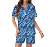 TZTTZT Ensemble de pyjama en soie satinée pour femme, motif avion camouflage bleu, ensemble deux pièces avec boutons et short, Style 40, XXL