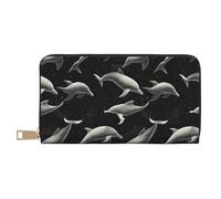 TZTTZT Portefeuille à deux volets en cuir avec imprimé dauphins noirs pour femmes, porte-monnaie long pour femmes