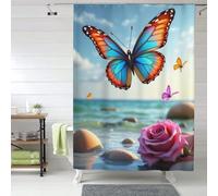 TZTTZT Rideau de douche en tissu pour salle de bain - 152,4 x 183 cm - Rideau de douche opaque moderne avec crochets Motif papillons et fleurs n°1177