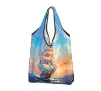 TZTTZT Sacs d'épicerie réutilisables, sac fourre-tout pliable avec poignées pour bateau à voile, océan, coucher de soleil, Noir/blanc, 3 PCS