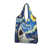 TZTTZT Sacs d'épicerie réutilisables, sacs de courses pliables vintage motif requin, ciel étoilé, sac fourre-tout avec poignées, Noir/blanc, 3 PCS
