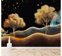 Tzxztt 3D Papier Peint Arbres Dorés Abstrait Collines Ciel Étoilé Paysage | Tissu en Soie Véritable à la Texture Raffinée Adapté au Salon Chambre Bureau Salle Manger et Mur Derrière le TV-430cm×300cm