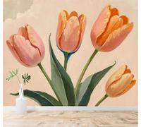 Tzxztt 3D Papier Peint Belle Tulipe Rose Feuilles Vertes Jardinage Art | Tissu en Soie Véritable à la Texture Raffinée Adapté au Salon Chambre Bureau Salle Manger et Mur Derrière le TV-430cm×300cm