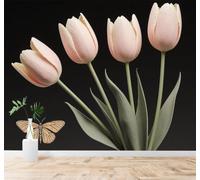Tzxztt 3D Papier Peint Belle Tulipe Rose Papillon Fleurs Élégantes Art | Tissu en Soie Véritable à la Texture Raffinée Adapté au Salon Chambre Bureau Salle Manger et Mur Derrière le TV-250cm×170cm